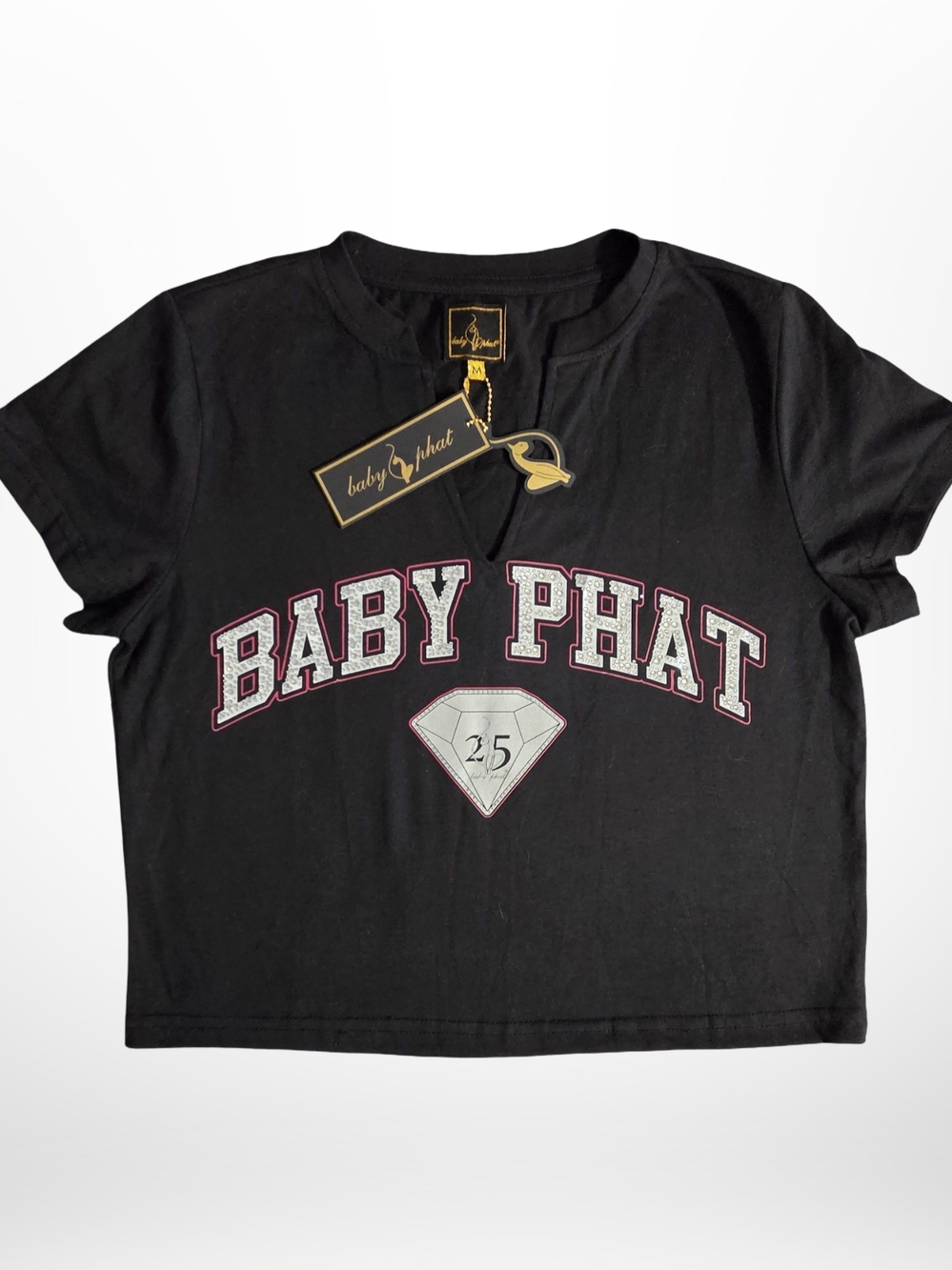 NWT Baby Phat Rhinestone Logo Crop T-Shirt Women’s Medium Black Y2K